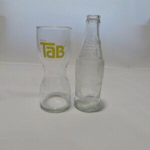 Tab Cola Soda 10 oz. Vintage Snowflake Bottle AND Tab Curvy Drinking Glass